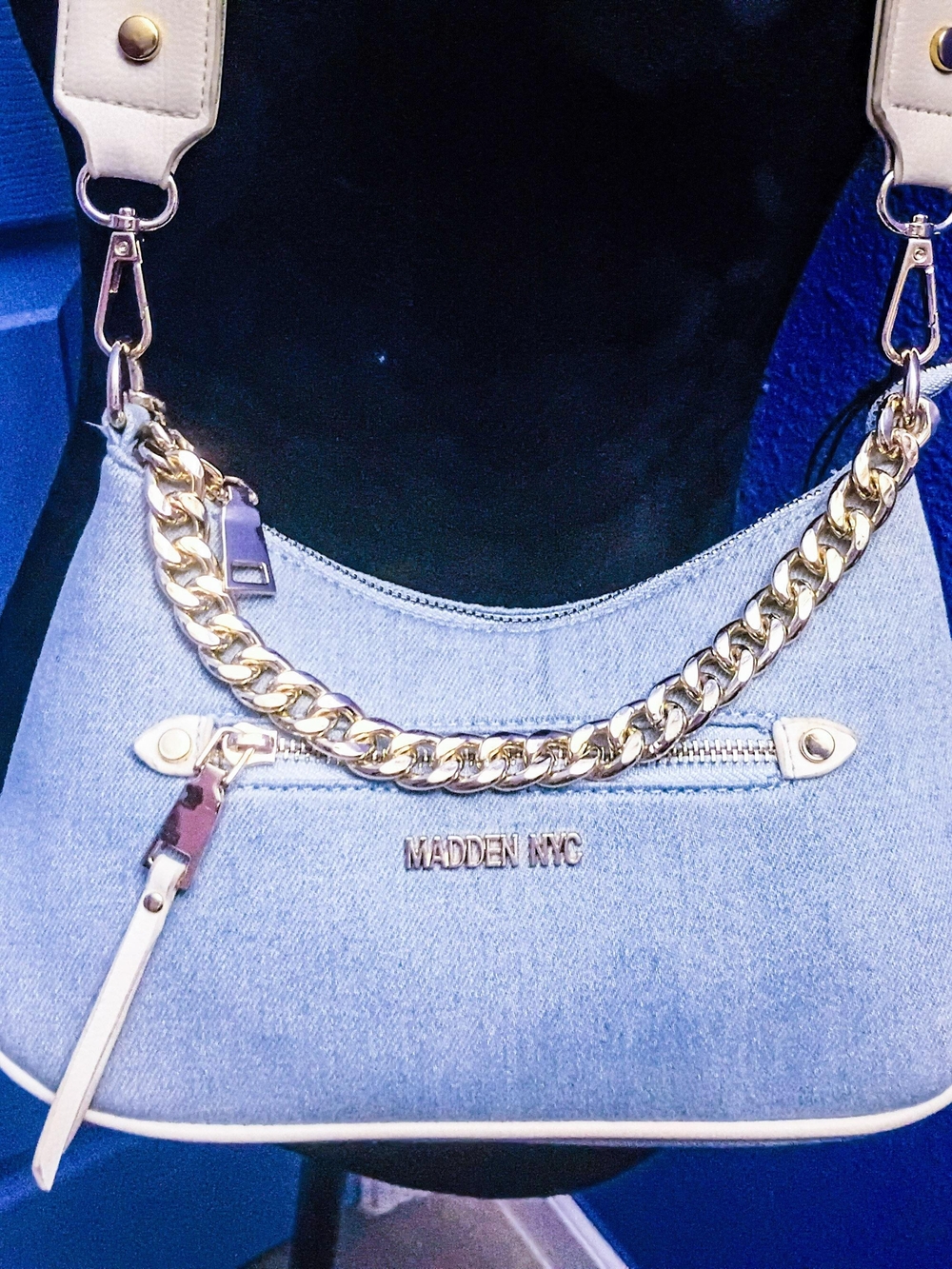 Steve Madden NYC Discontinued Style Blue Denim Shoulder Bag with Gold Chain NWOT